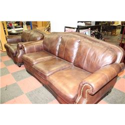 BROWN LEATHER NAIL HEAD SOFA AND LOVE SEAT