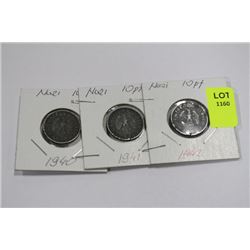 THREE NAZI 10 PFENNIG COINS-1940,41,42 X 3