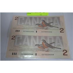 UNC UNCUT PAIR OF 1986 'ROBIN' $2 NOTES