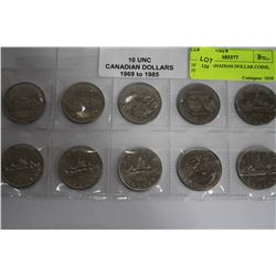 10 UNC. CANADIAN DOLLAR COINS, 1969-1985