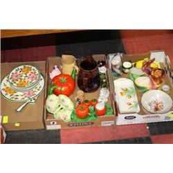 3 TRAYS OF ASST. ORNAMENTS AND DISHES