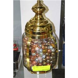 GLASS AND BRASS JAR W MARBLES