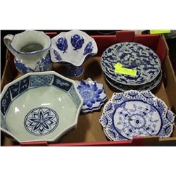 TRAY OF ASSORTED BLUE & WHITE DISHES