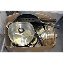 BOX OF COOKING POTS AND PANS