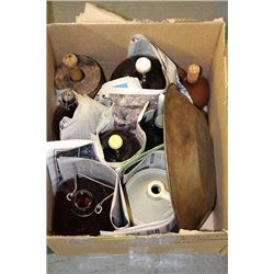 BOX OF ASSORTED ANTIQUE BOTTLES & JARS