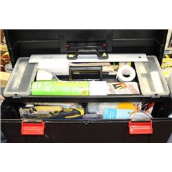 BLACK TOOL BOX W/ LOTS OF PAINTING TOOLS, ROLLERS