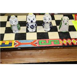 WOODEN CHESS SET WITH CARVED OWL PIECES