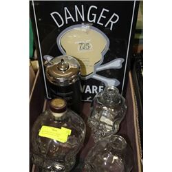 BOX WITH 3 GLASS SKULLS, DANGER BEWARE FRAME,
