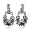 Image 3 : 14KT White Gold 0.60ctw Emerald, Ruby, Sapphire, and Diamond Earrings