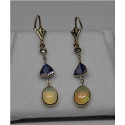 14K GOLD OPAL, TANZANITE AND DIAMOND DROP EARRINGS