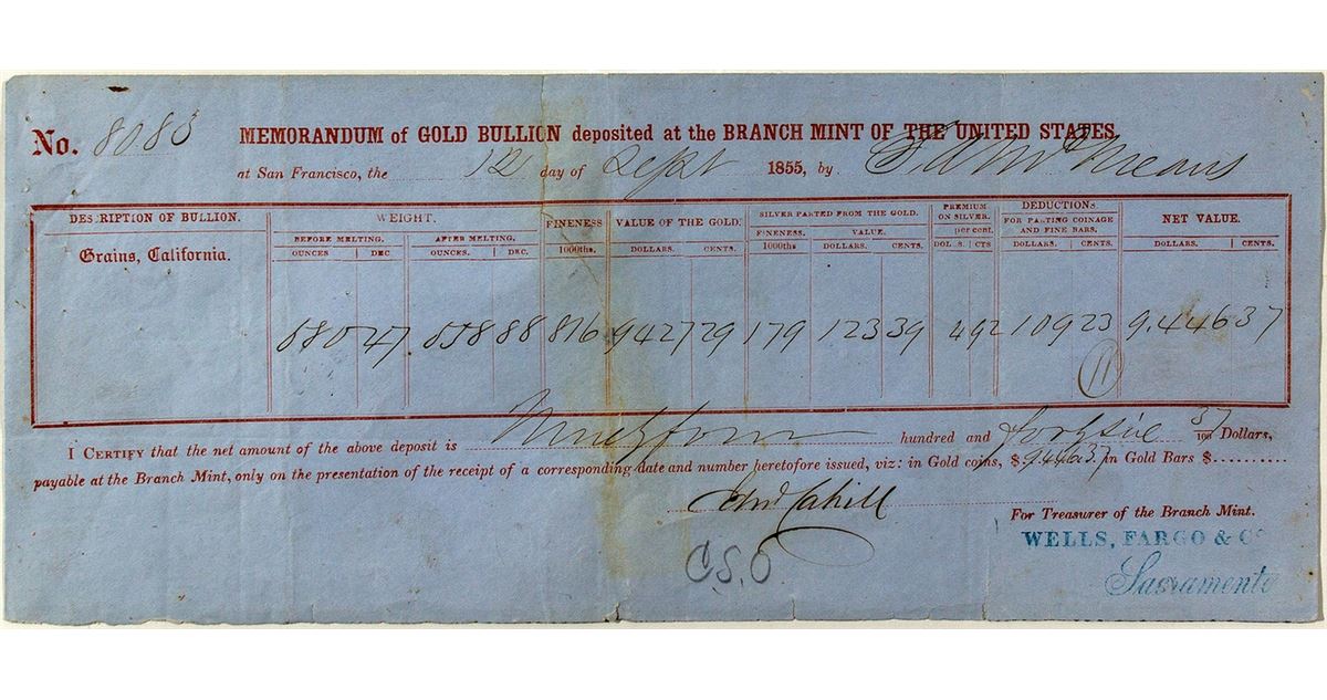San Francisco Mint Gold Bullion Receipt