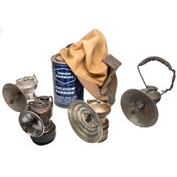 Four Carbide Mining Lamps & Hat