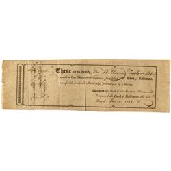 Very Rare 1798 Bank of Baltimore Stock Certificate