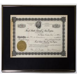 First State Bank of Las Vegas Stock Certificate signed by Vegas pioneers