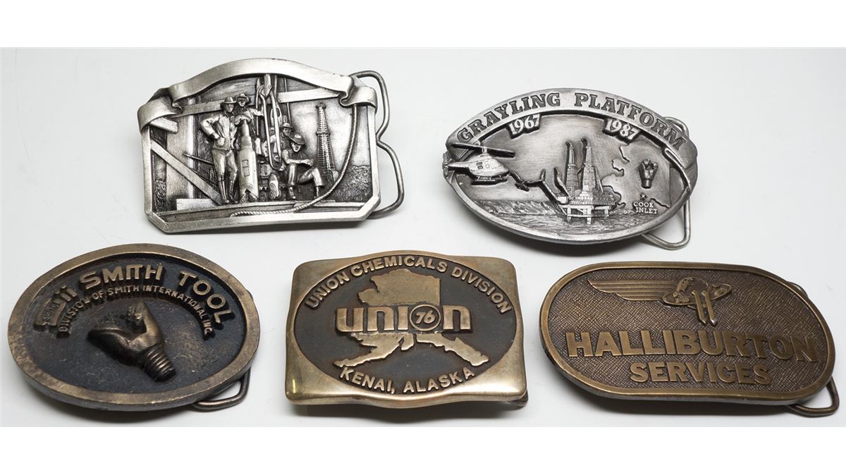 Five Belt Buckles including fancy Alaska Pipeline Holabird
