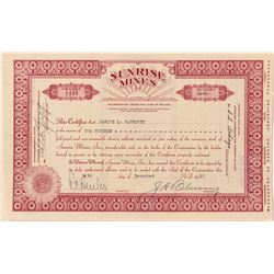 Sunrise Mines Inc. Stock Certificate