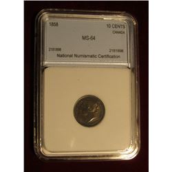 402. 1858 Silver 10C Canada NNC 64 #2181898 Green, Rose & Gray Tone 100% Struck Rare