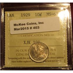 403. 1929 Silver 10c Canada ICCS 63 #XJK 180 Lite Tone
