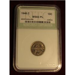 410. 1946c Silver 10C Newfoundland NTC 63PL #238934 Dark Rainbow Tone Very Scarce as a PL