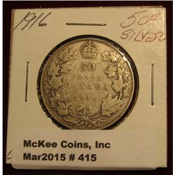 415. 1916 50c Silver Canada Fine Problem-Free