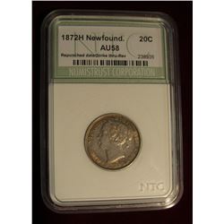 418. 1872H Silver 20C Newfoundland NTC AU58 #238935 Repunched Date/Rev. Strike-Thru Error