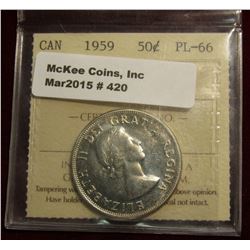 420. 1959 Silver 50c Canada ICCS PL-66 CAMEO #YY 080