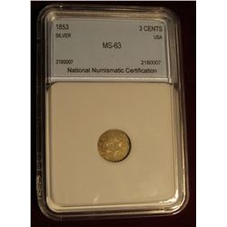 444. 1853 3c Silver NNC 63 #2180007 Lite Tone