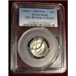 447. 1994P Roosevelt Dime Mint Error PCGS 65 #E5186.65/29289443