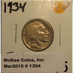 1304. 1934 P Buffalo Nickel. AU 50.