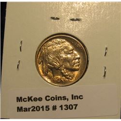 1307. 1913 P Type One Raised Mound Buffalo Nickel. Golden toned MS 63.