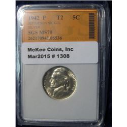 1308. 1942 P World War II Jefferson Silver Nickel. SGS slabbed MS 70. Extremely rare in this nice of