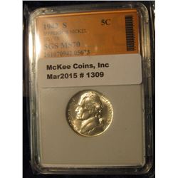 1309. 1942 S World War II Jefferson Silver Nickel. SGS slabbed MS 70. Extremely rare in this nice of