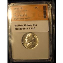 1310. 1943 P World War II Jefferson Silver Nickel. SGS slabbed MS 70. Extremely rare in this nice of