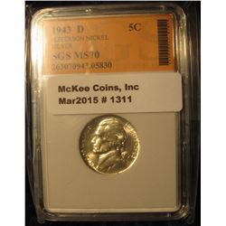 1311. 1943 D World War II Jefferson Silver Nickel. SGS slabbed MS 70. Extremely rare in this nice of