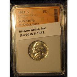 1312. 1943 S World War II Jefferson Silver Nickel. SGS slabbed MS 70. Extremely rare in this nice of