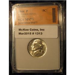 1313. 1944 P World War II Jefferson Silver Nickel. SGS slabbed MS 70. Extremely rare in this nice of