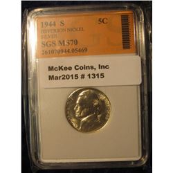 1315. 1944 S World War II Jefferson Silver Nickel. SGS slabbed MS 70. Extremely rare in this nice of