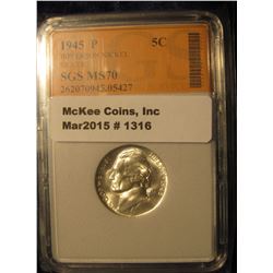1316. 1945 P World War II Jefferson Silver Nickel. SGS slabbed MS 70. Extremely rare in this nice of