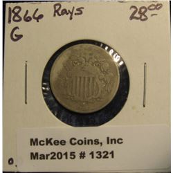 1321. 1866 With Rays Shield Nickel. G-4. Catalog Value $28.00.