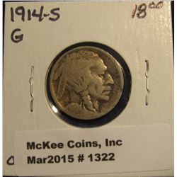 1322. 1914 S Buffalo Nickel. Very Scarce. G-4. Catalog value $18.00.