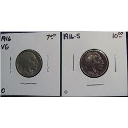 1325. 1916 P VG-8 & 16 S (tarnished) Buffalo Nickels. Catalog value $17.00.
