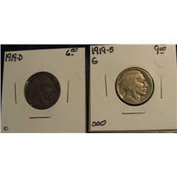 1329. 1919 D & S Buffalo Nickels. The first is heavily toned. G-4. Catalog Value $15.00.