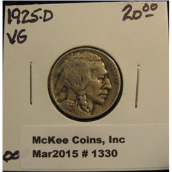 1330. 1925 D Buffalo Nickel. VG-8. Catalog Value $20.00.