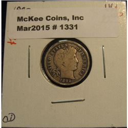 1331. 1892 P U.S. Barber Dime. VG+. Catalog Value $10.00.
