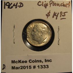 1333. 1964 D Silver Roosevelt Dime with a Rare 5% clip at K9. BU.