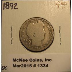 1334. 1892 P U.S. Barber Quarter. G/AG.