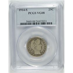 1914-S BARBER QUARTER, PCGS VG-08  KEY DATE!