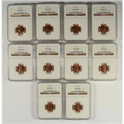 LOT OF ( 10 ) 1954-S LINCOLN CENTS, NGC MS-66 RED