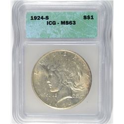 1924-S PEACE SILVER DOLLAR, ICG MS-63 NICE WHITE COIN!