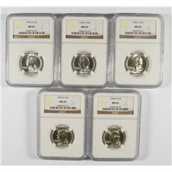 LOT OF ( 5 ) 1950-D WASHINGTON QUARTERS, NGC MS-65